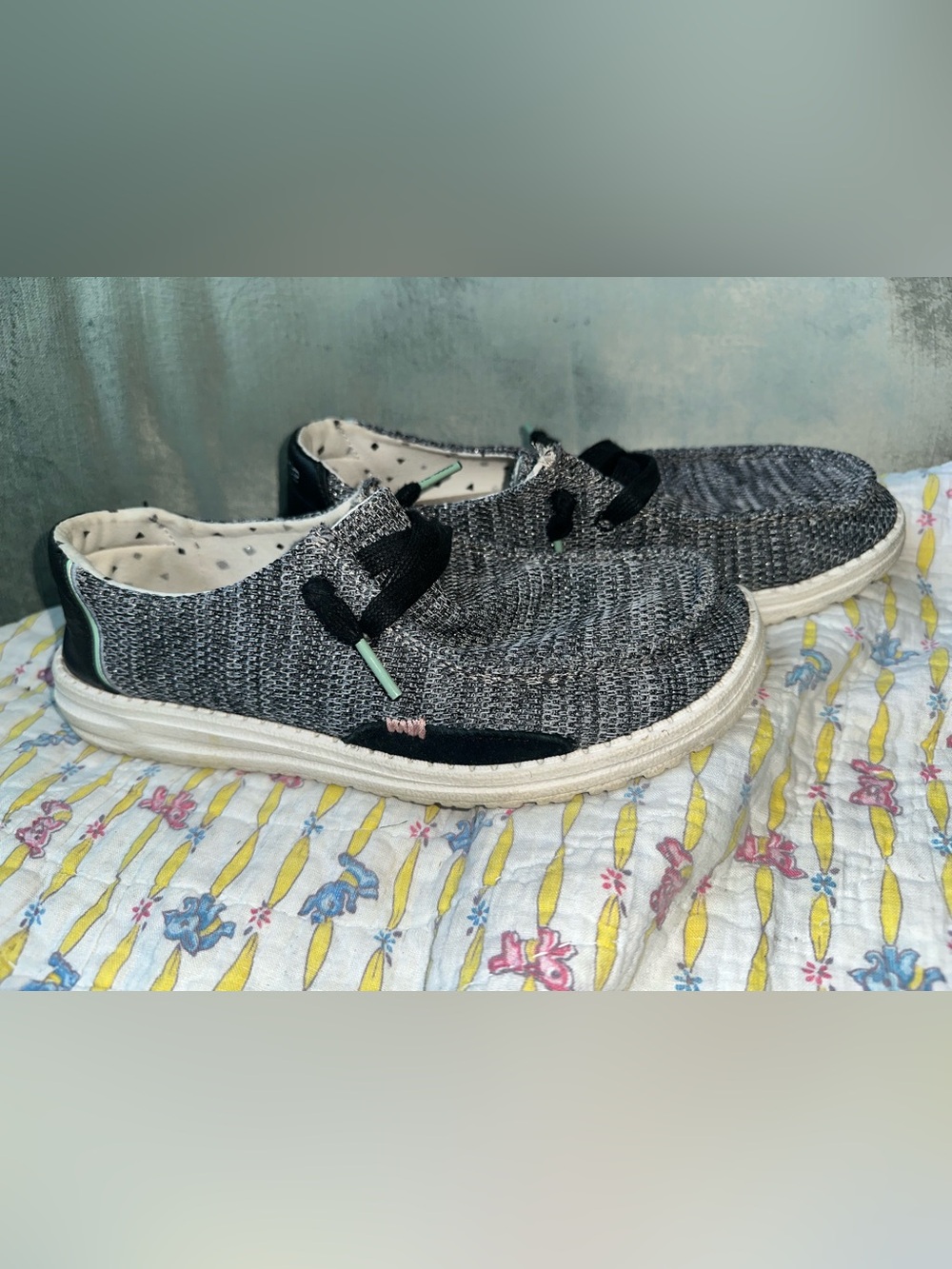 Hey Dude Kids Gray Knit Slip-On Sneakers with Black Trim and Mint Accents
